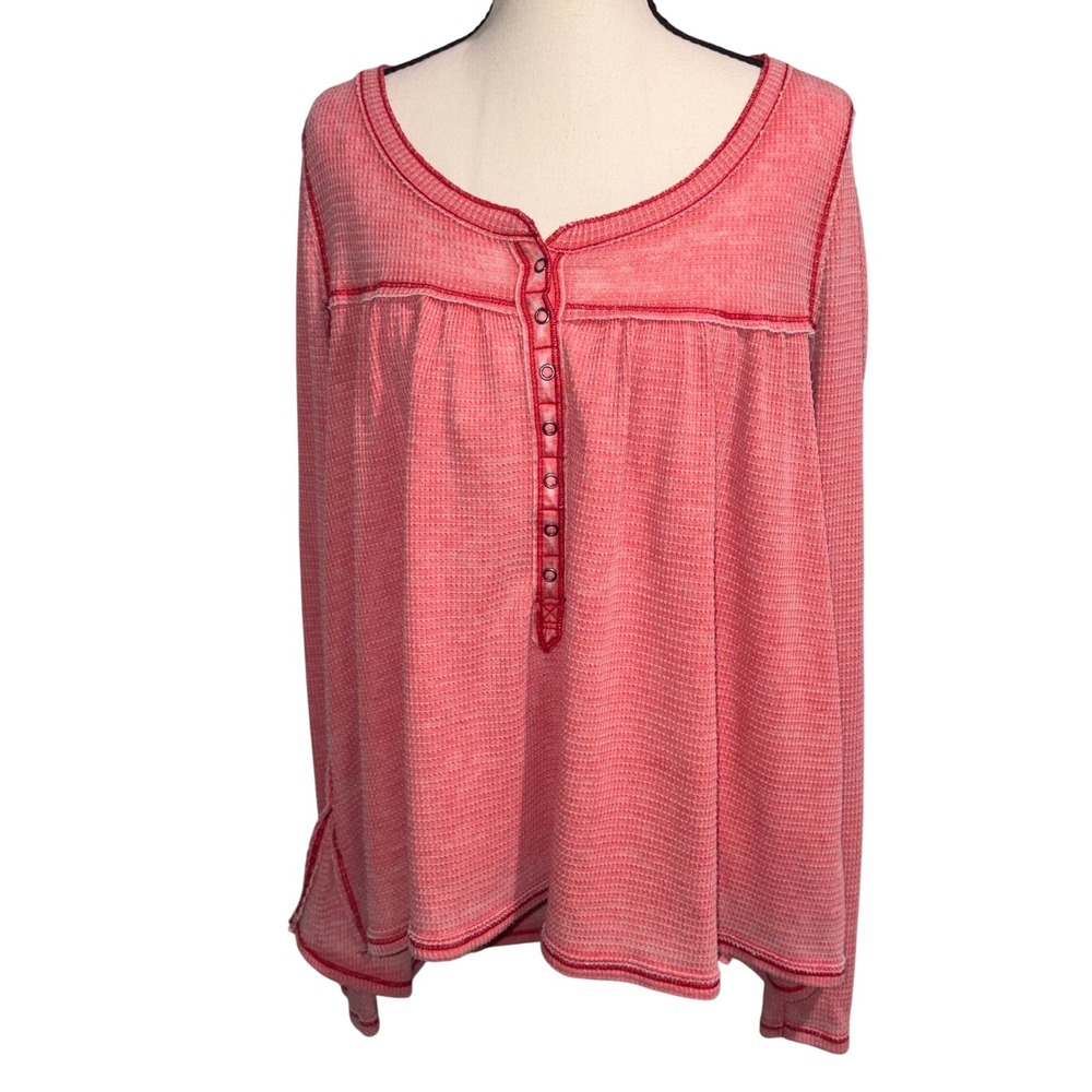 Free People Waffle Knit Henley Top Womens Red Thermal Babydoll Free People
